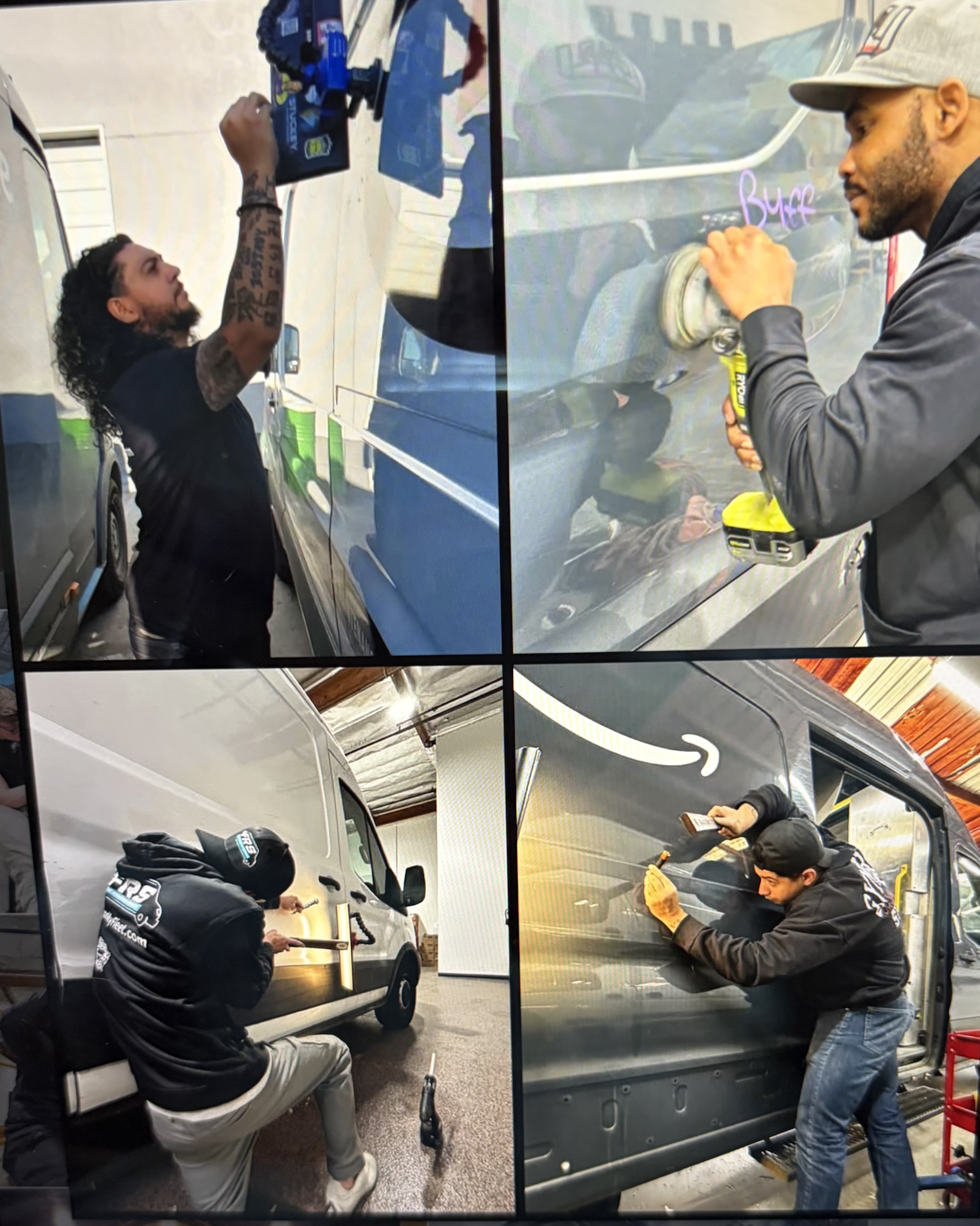 A four-panel sequence of FRS technicians performing paintless dent repair on delivery vans in the shop