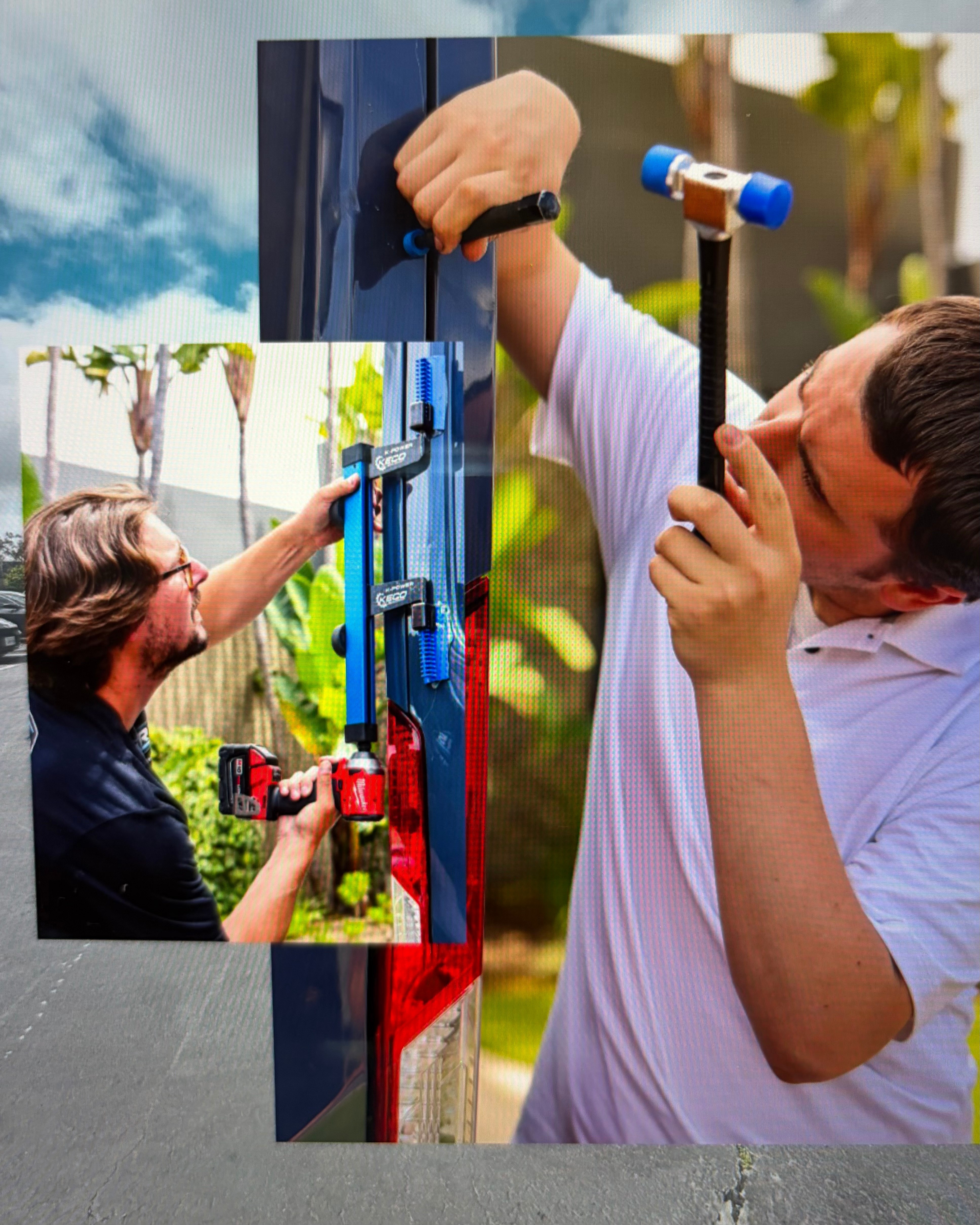 FRS technicians using specialized paintless dent repair tooling on a fleet van outdoors