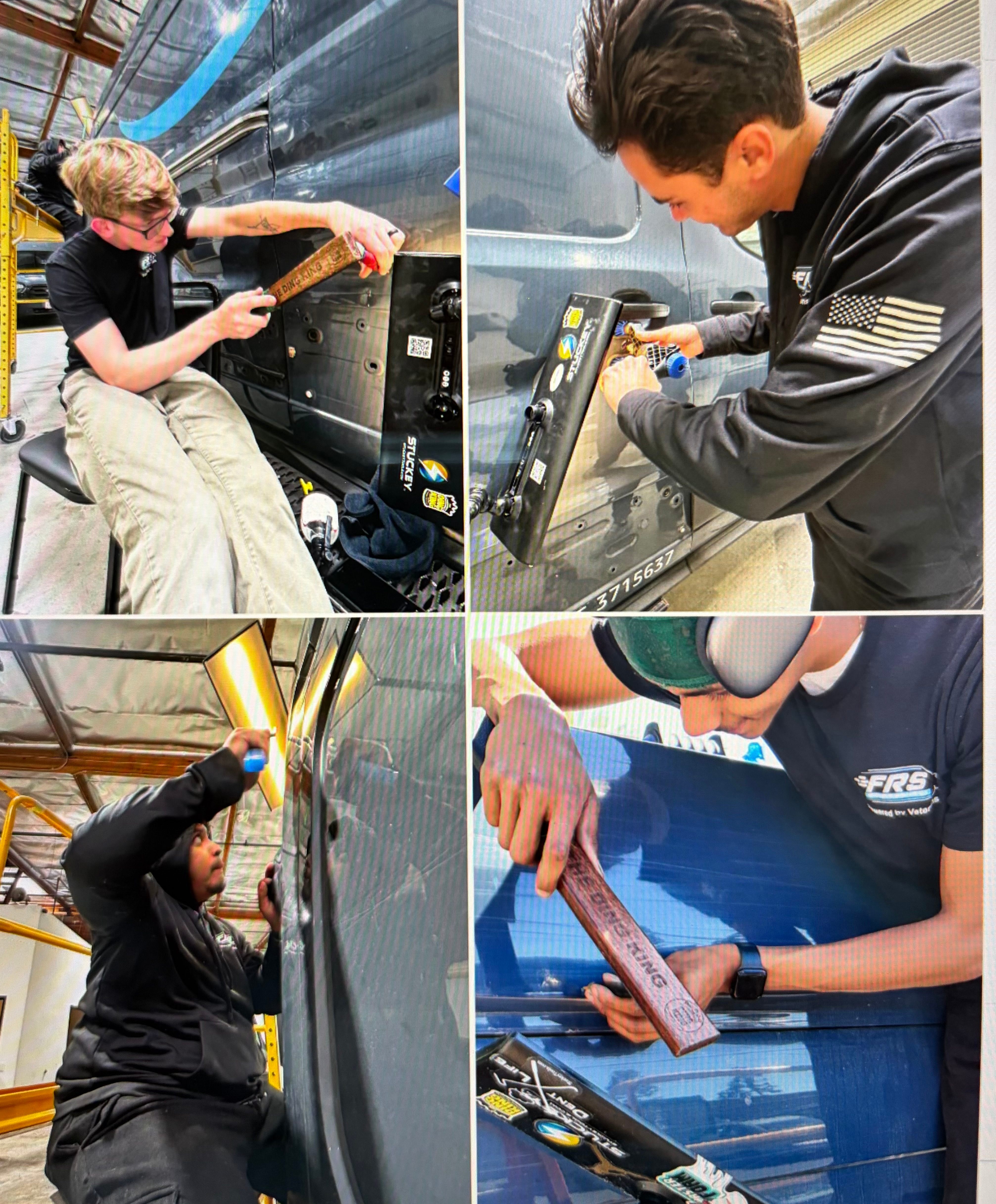 FRS technicians training with Ding King dent-repair tools on fleet vehicles